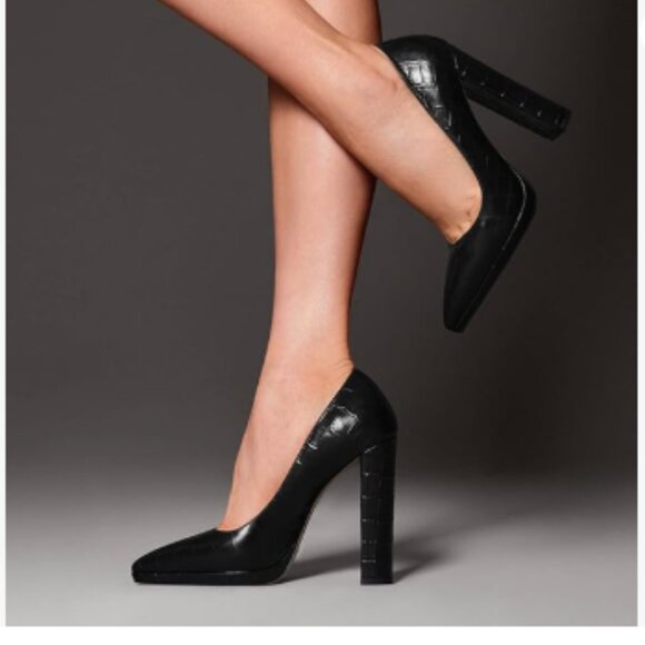 YDN Black Pointed Toe with Platform Pumps Stable Chunky High Heel Shoes - Picture 1 of 8